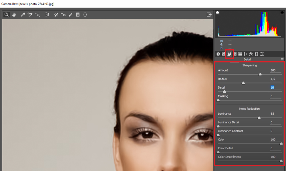 Image Sharpening and Noise Reduction sliders