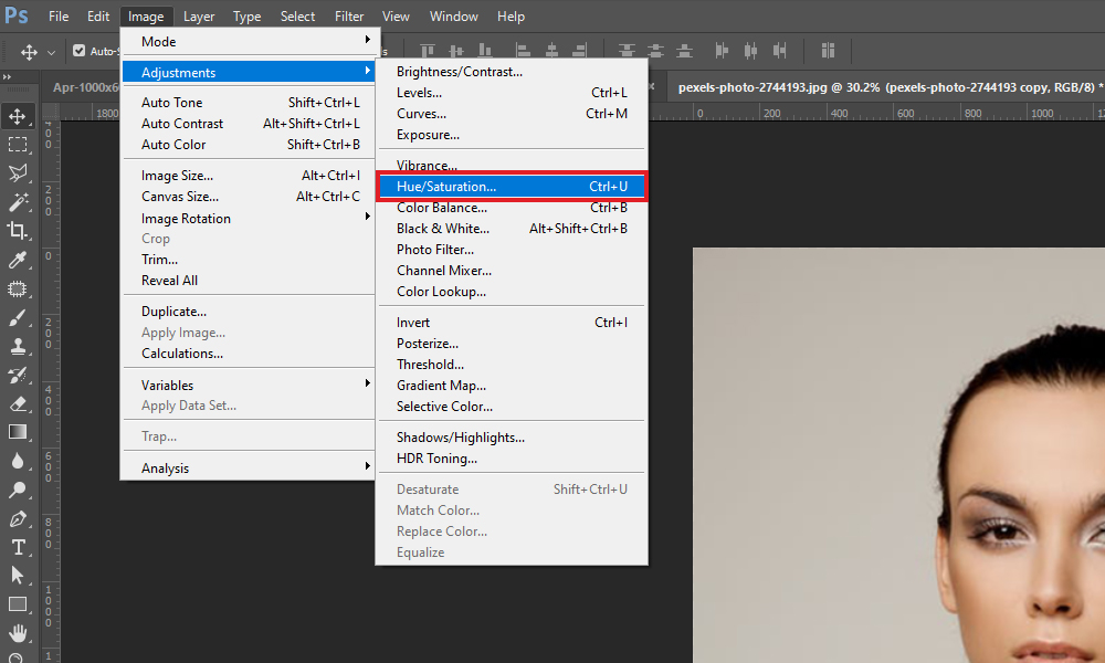 Hue/Saturation option in Image menu