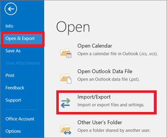 Acceso a las opciones de importación y exportación de Outlook