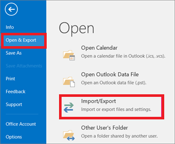 Accesso alle opzioni di importazione ed esportazione in Outlook