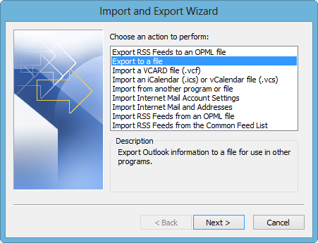 Importazione ed esportazione guidata di Outlook