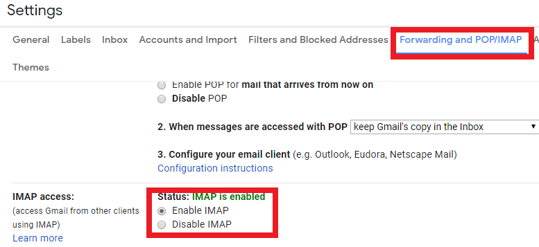 Enabling IMAP access in Gmail settings
