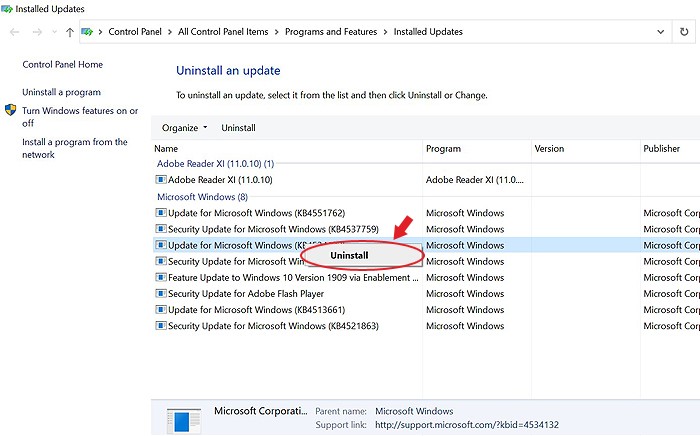 Right-click the update to uninstall