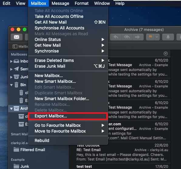 click on Mailbox > Export Mailbox