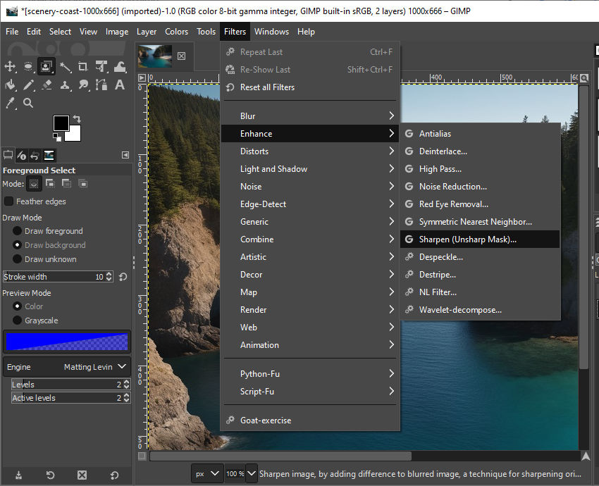 Filters > Enhance > Sharpen 