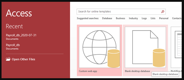 Open Blank desktop database option