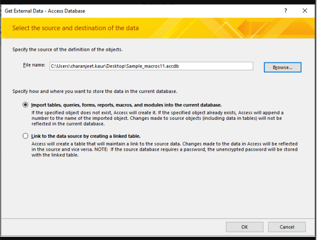 Choose Import tables, queries, forms, reports, macros, and modules into the current database option 