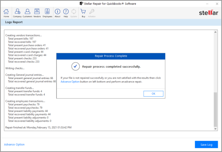  Click 'OK' when the 'Repair process completed successfully' message appears.