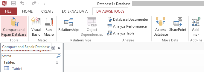 click Database Tools and choose Compact and Repair Database