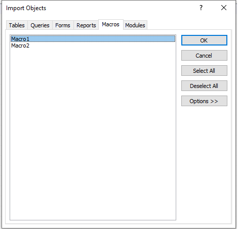 Select all or specific macros that you want to import