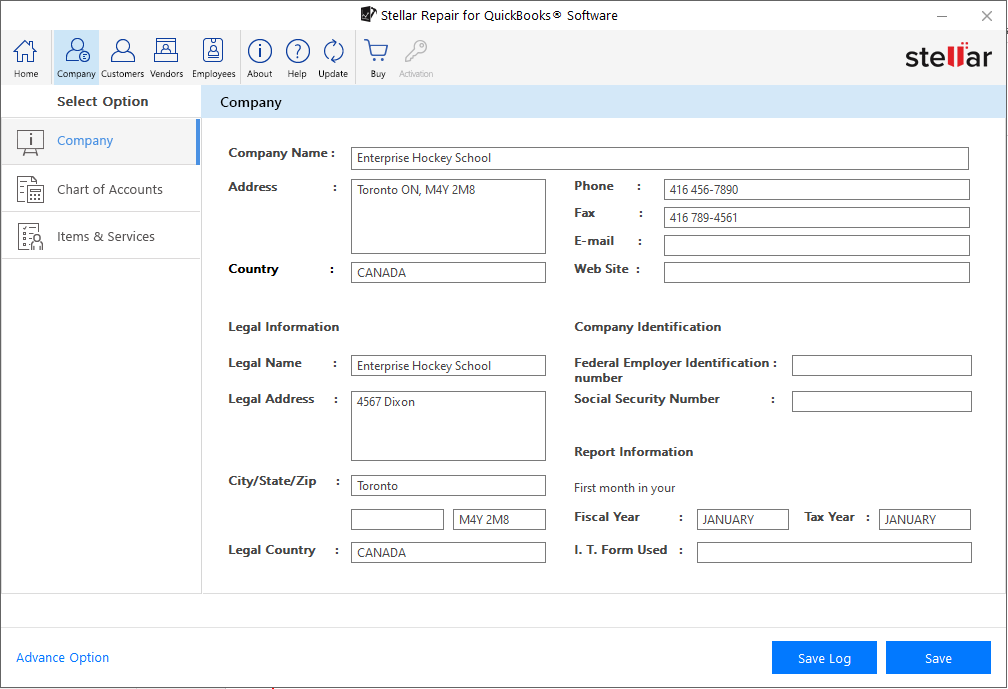 Preview of recoverable QBW file components: Company, Customers, Vendors, and Employees.