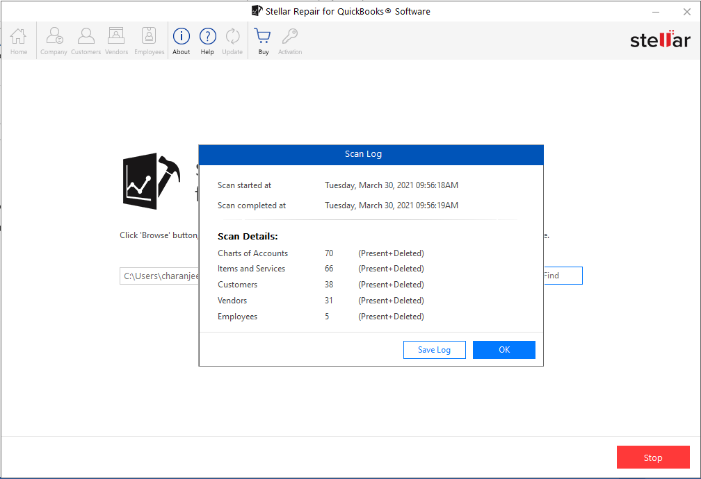 A window displaying scanning process details after selecting and scanning a file, with an 'OK' button highlighted.