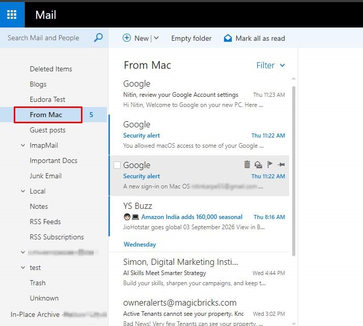 mac mail emails moved in the windows Outlook