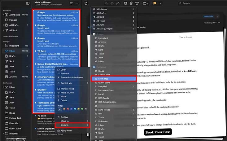copy the emails from mac mail into the configured outlook account