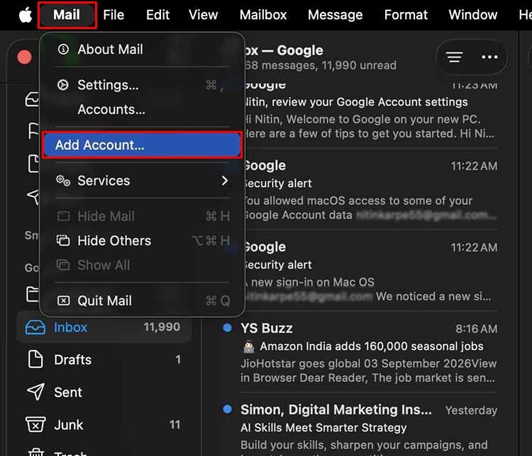 configure a new MS exchange account in Apple Mail