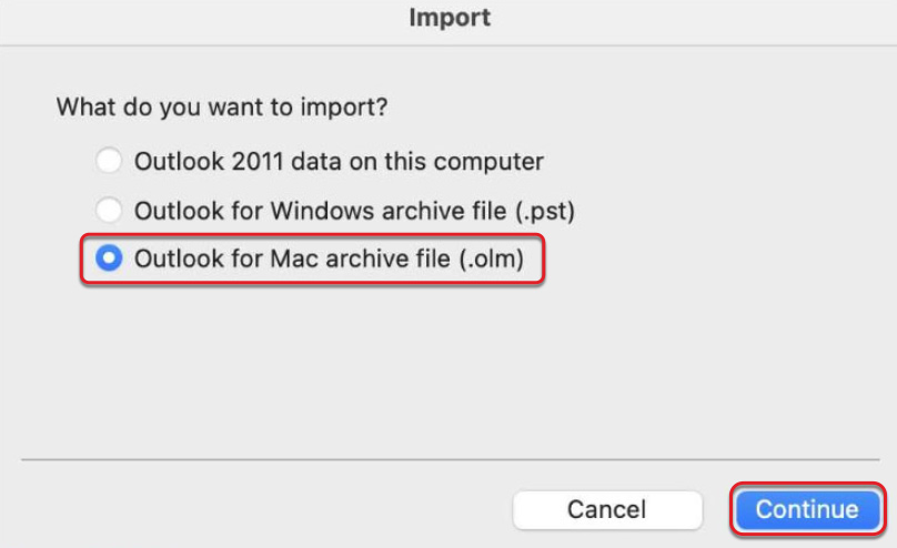 Select import olm file option to import and view olm file on mac
