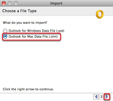 select the olm file to import into Outlook