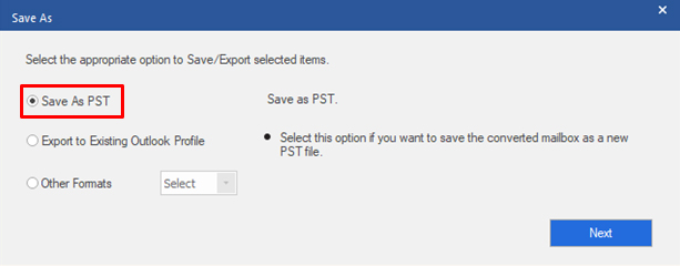 save the converted mailbox data as PST file