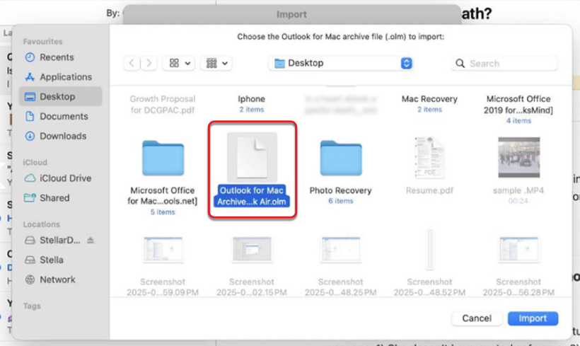 select the olm file to open it in mac outlook