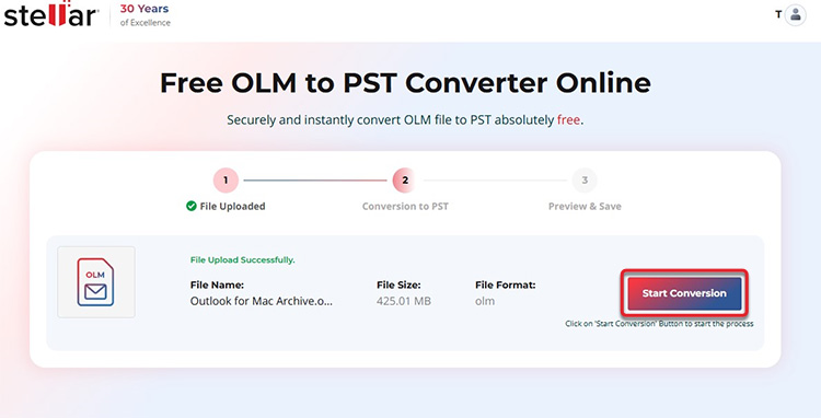 Start olm to pst conversion