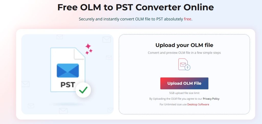upload olm file on the free olm to pst converter by Stellar