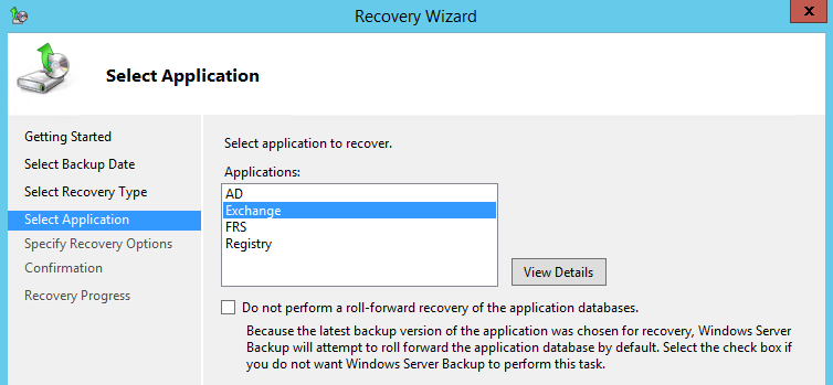Application Aware restore from Windows Server Backup