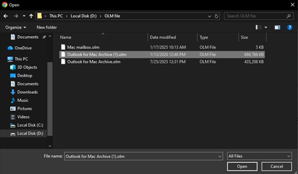 choose OLM file