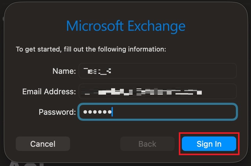 sign into your outlook account in Apple Mail