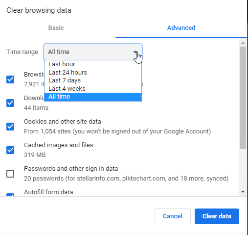 Clear browsing data window to fix error 224003