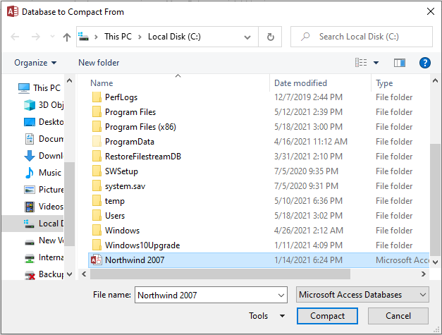select the database that needs to be compacted and repaired