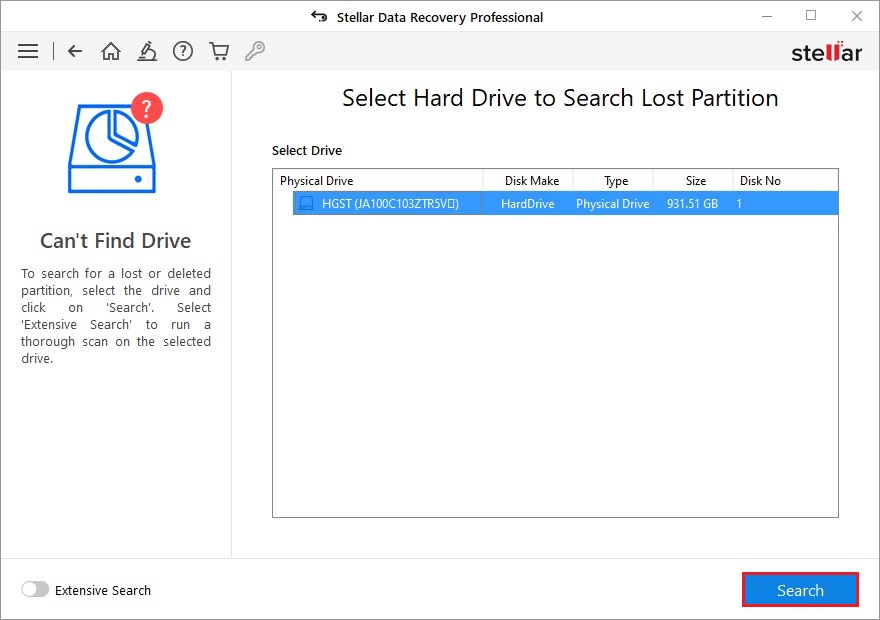 Select the hard drive with lost or deleted partition