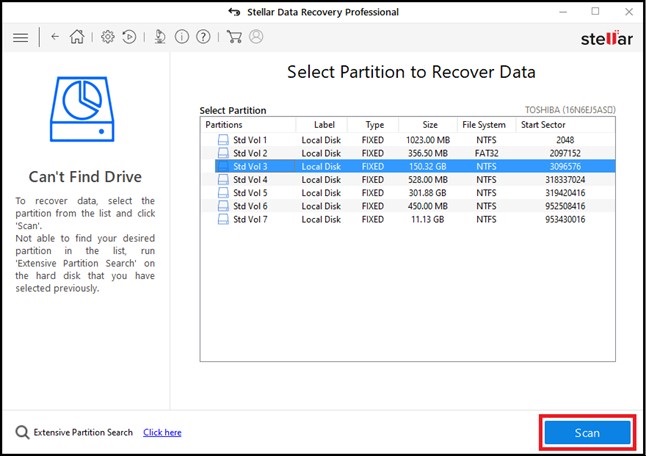 Select Partition to Recover Data window