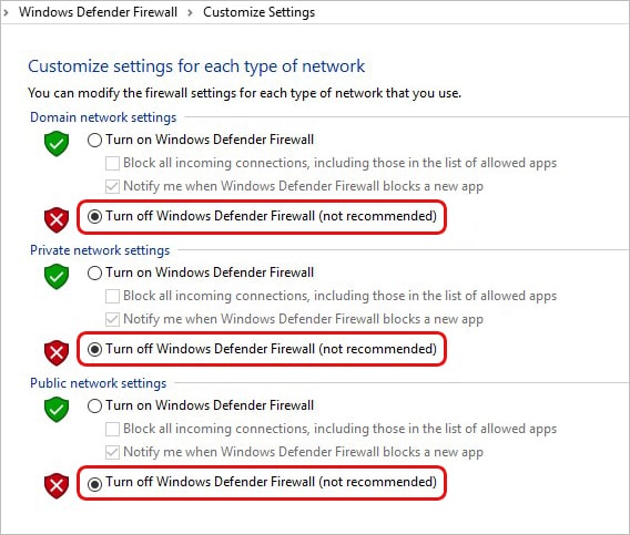 Turn off Windows Defender Firewall for Domain, Private, Public, Network Setting