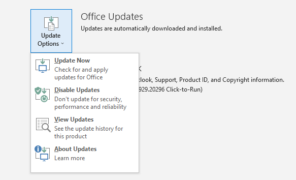 Outlook update options
