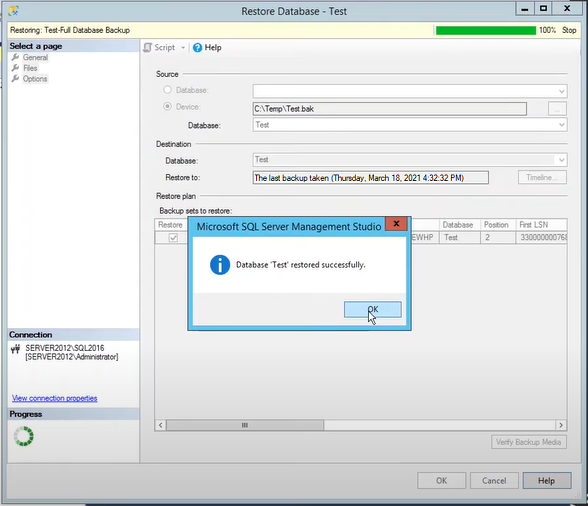 SQL database restored successfully