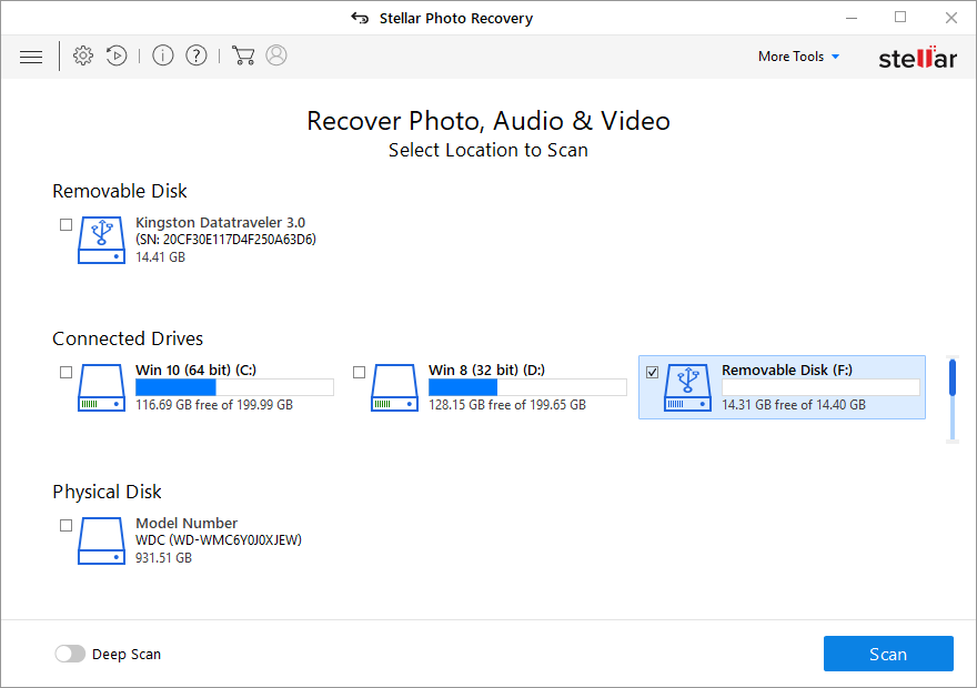 Stellar photo recovery - select drive for recovery Screen