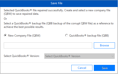 Step-by-step instructions for saving repaired data in QuickBooks, including selecting the New Company File option, choosing QuickBooks backup file, browsing for the file location, and clicking Save.