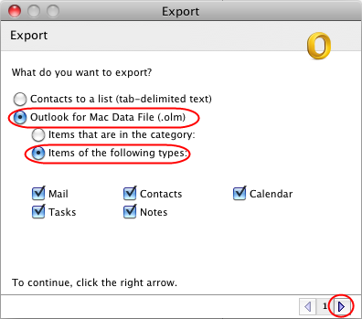 Export wizard window OLM file selection