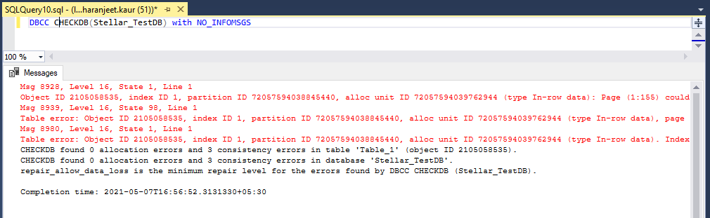 dbcc checkdb with noinfomsgs 2