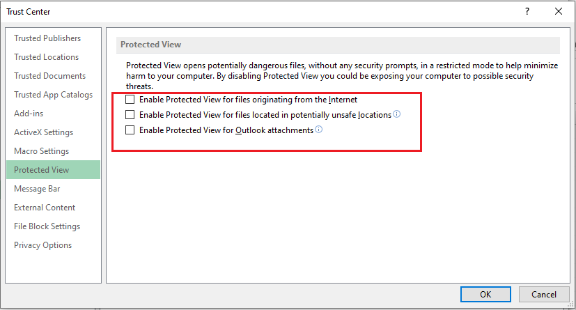 disable protected view settings