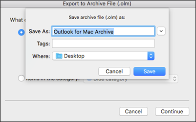Save file as OLM: Enter filename, choose location, click 'Save.