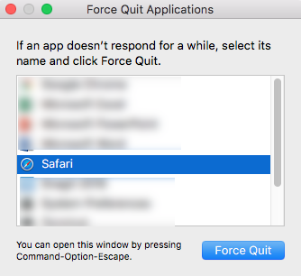 Select Safari and Press Force Quit Button
