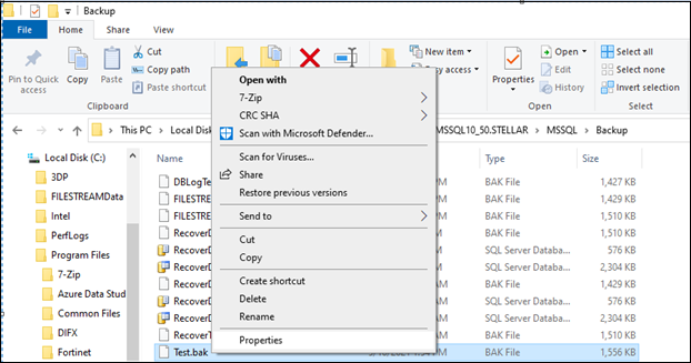 open database backup file properties