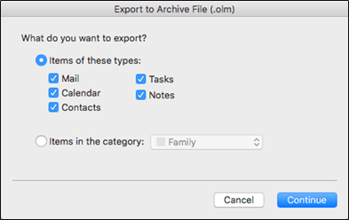 Export to Archive File window: Select mail items for OLM export.