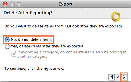 Outlook for Mac export options: Keep or delete mail items after export.