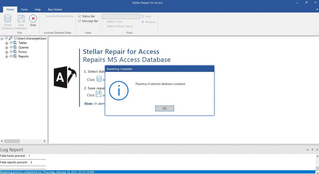 Access DB Repair Process Complete Message