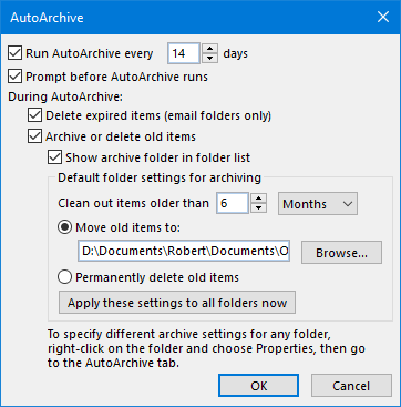 Auto Archive Settings Window