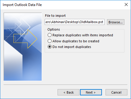 Import Outlook Data File WIndow
