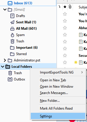 Local Folders Settings Thunderbird