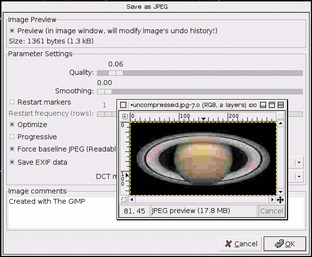 ‘Save as JPEG’ window in GIMP